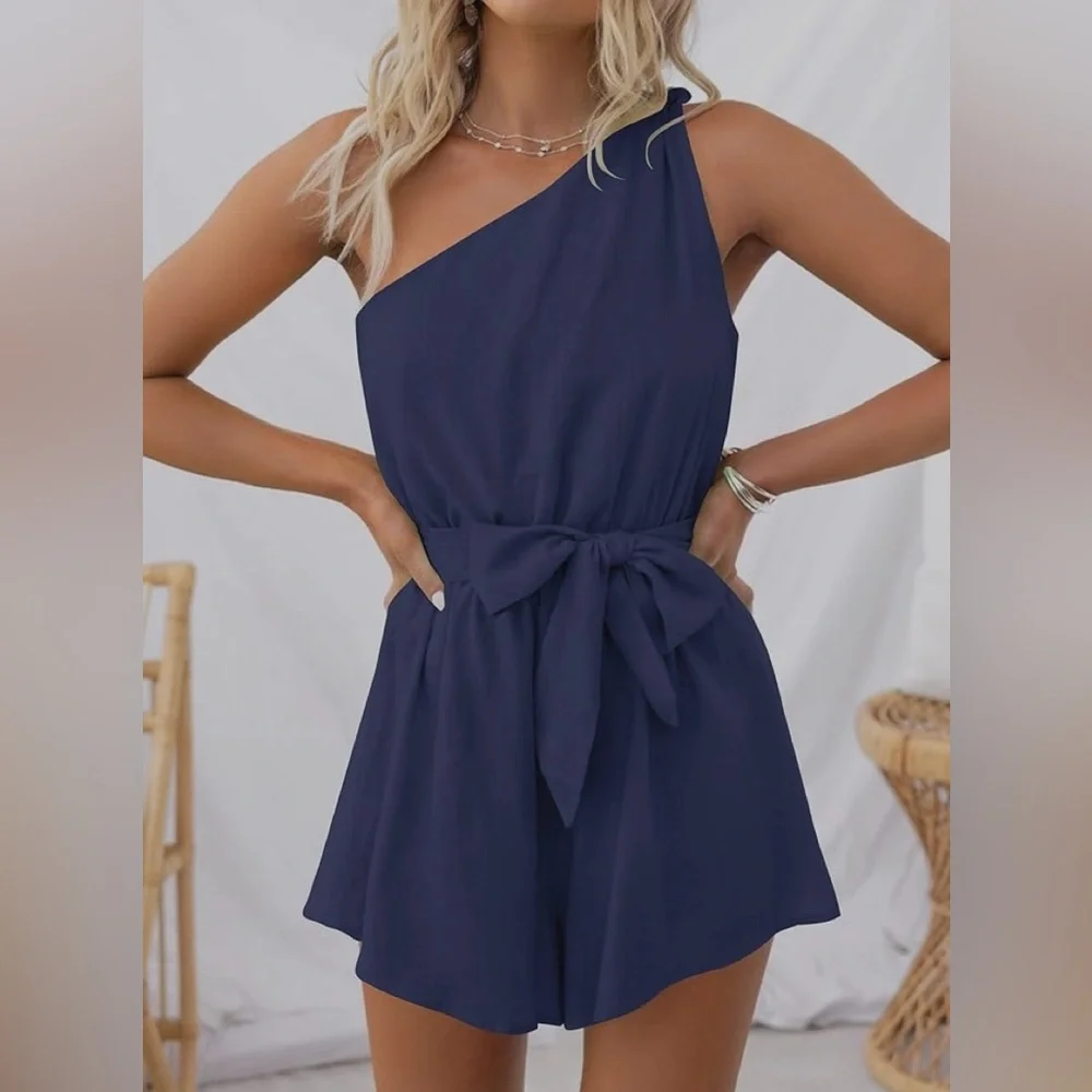 ZESICA Boho Summer Romper One Shoulder Sleeveless Tie Waist  Short Jumpsuit - Picture 5 of 9